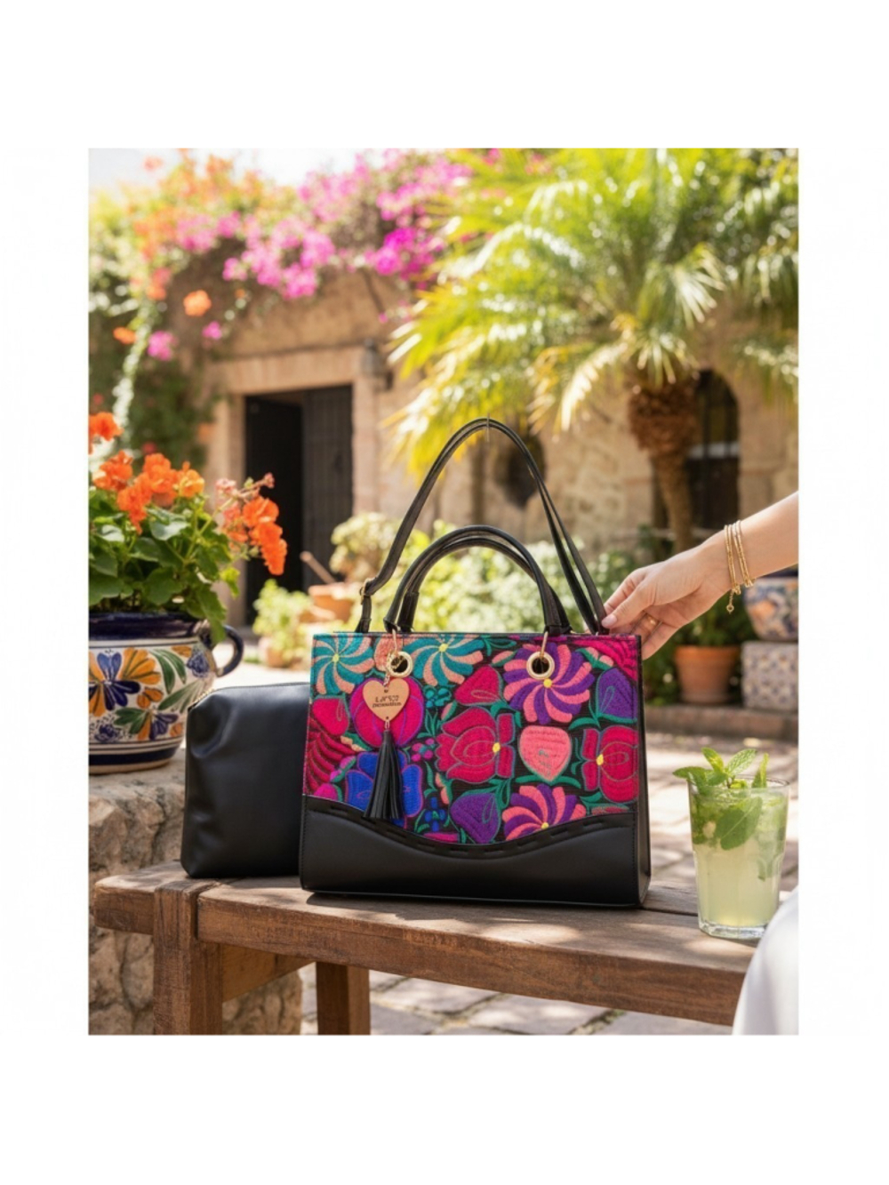 Fiesta Floral Black Embroidered Telar Chiapaneco VEGAN Leather Artisan Tote Bag